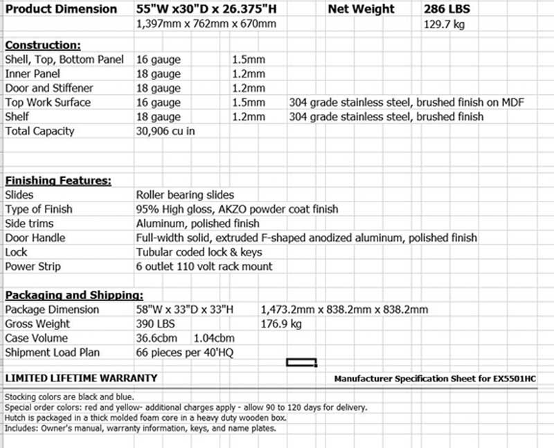 EX5501HC Tool Top Hutch Specifications